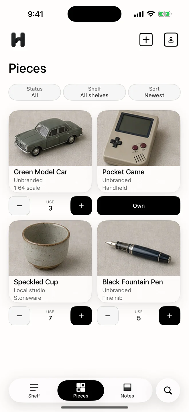 Hoblio Pieces view showing four unbranded collection items