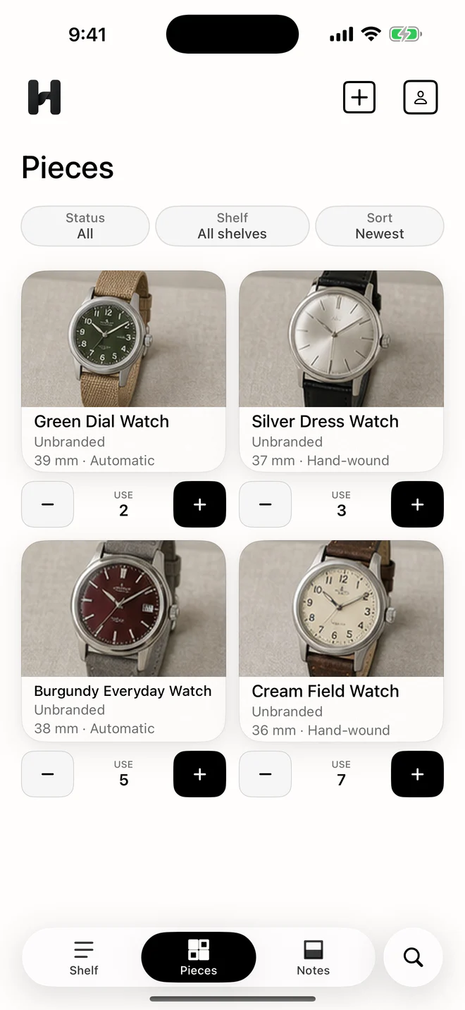 Hoblio Pieces view showing four unbranded watches
